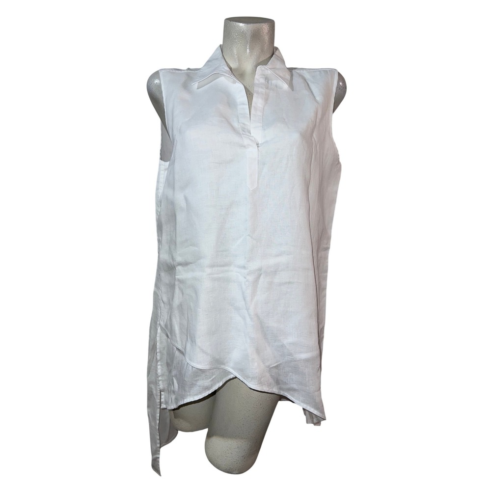 Women's White Sleeveless‎ Collared Asymmetrical Hem Tunic Top